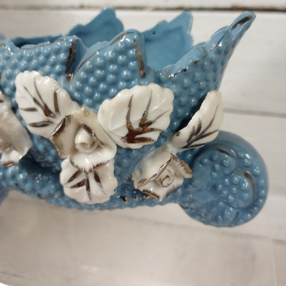 Vintage Pottery Wheelbarrow Planter Blue Silver Ceramic, Flowers, Succulents - Picture 3 of 12